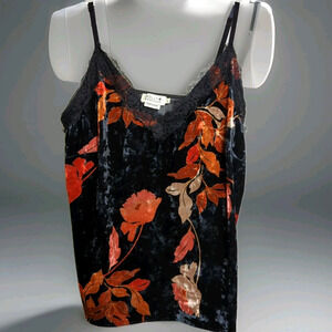 Molly Bracken Dark Floral Printed Lace Trimmed Velvet Camisole Size L